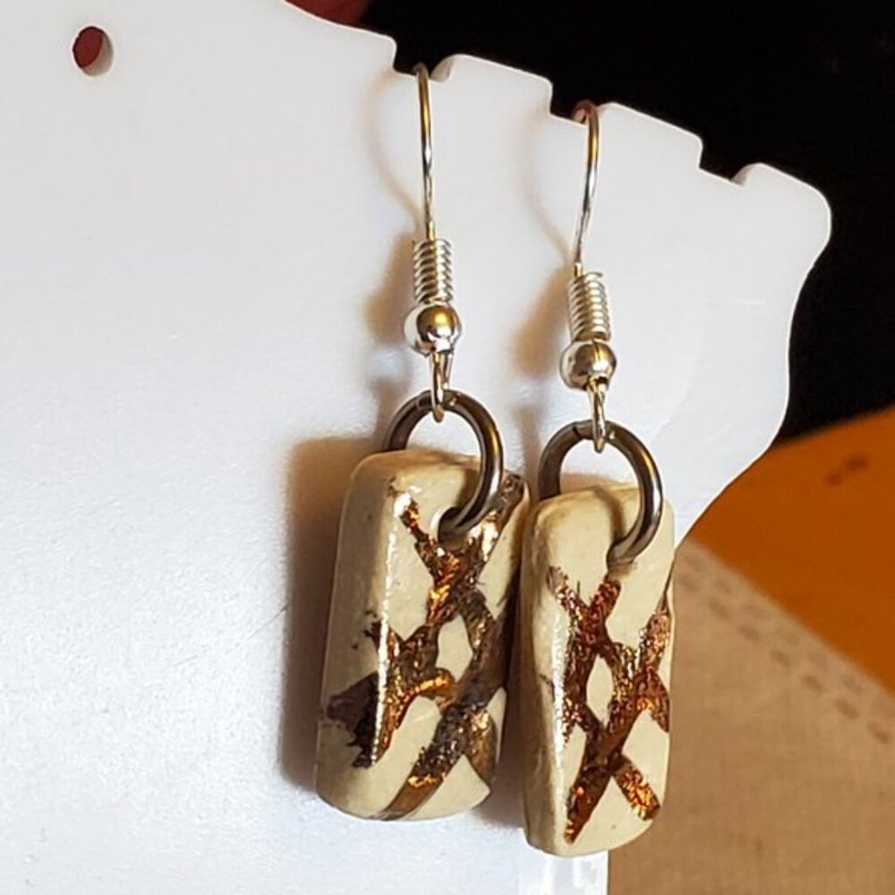 Silver Tone Hook Rectangle Ceramic Striped Earring - image 2